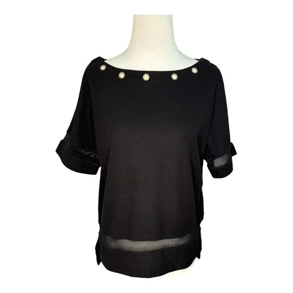 Jones New York Women's Black Mesh Detail Metal Ring Top Size Small - Picture 1 of 7